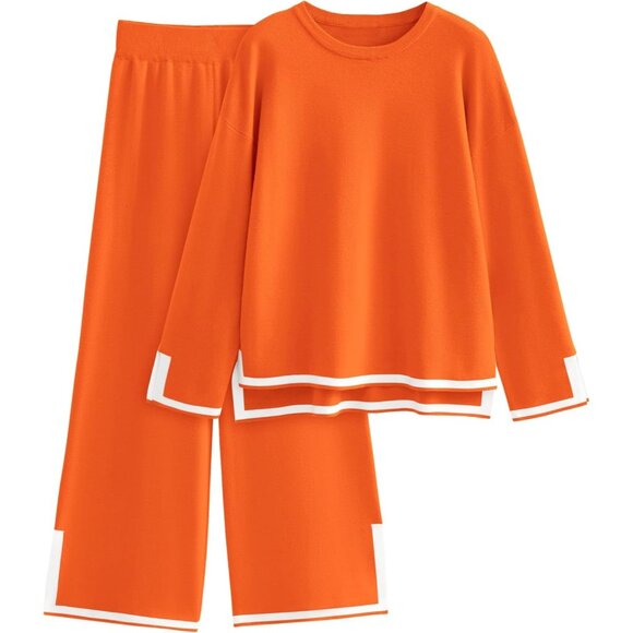 Women's Orange Long Sleeve Knit Sweater Top & Wide Leg Pants Lounge Set - Picture 1 of 6